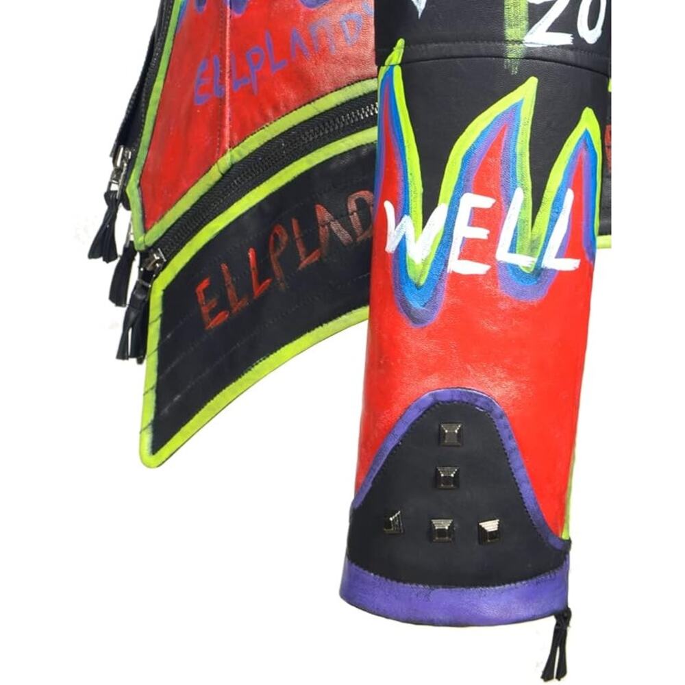 Women's fashion studs Faux Leather Motorcycle jacket, graffiti punk, Black, XS - Picture 6 of 6